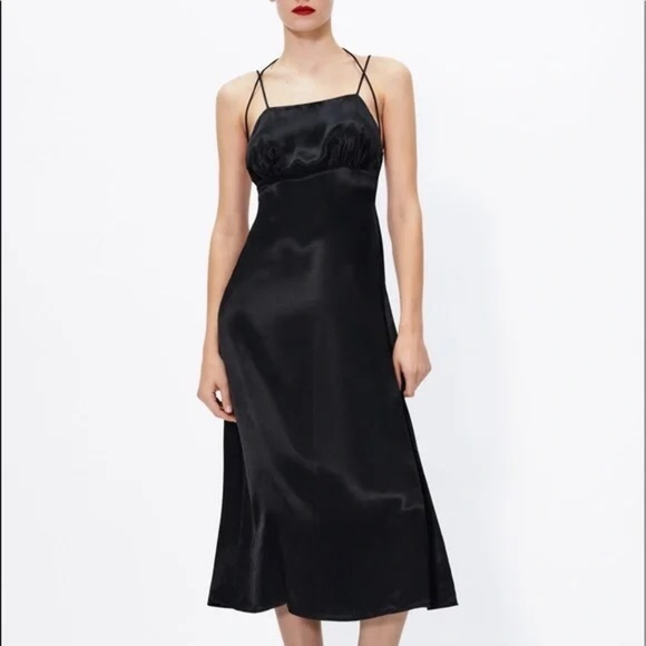 Zara MIDI SLIP SATIN DRESS Straight Neck w/versatile Spaghetti Straps - Picture 1 of 15